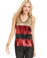 Turn up the shine in this colorblocked sequin top from DKNY Jeans. Turn up the shine in this colorblocked sequin top from DKNY Jeans.