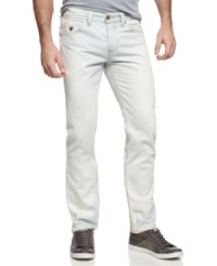 With a light wash and a slim, straight fit, these Guess jeans are the blues remix you've been waiting for. With a light wash and a slim, straight fit, these Guess jeans are the blues remix you've been waiting for.