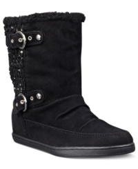 Weather the cold in the Radella faux-fur booties by G by GUESS. With buckles around the shaft and a small platform, it's the perfect shoe to get you through those chilly days. Weather the cold in the Radella faux-fur booties by G by GUESS. With buckles around the shaft and a small platform, it's the perfect shoe to get you through those chilly days.