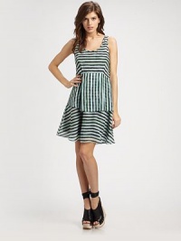 Tiered skirt and sassy scoopback enliven this striped silk number. ScoopneckSleevelessTiered skirtScoopbackAbout 23 from natural waistSilkDry cleanImported Tiered skirt and sassy scoopback enliven this striped silk number. ScoopneckSleevelessTiered skirtScoopbackAbout 23 from natural waistSilkDry cleanImported