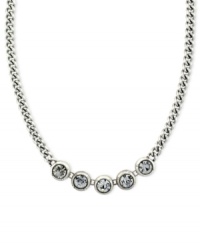 Shining chic. This frontal chain necklace from Jessica Simpson is crafted from silver-tone mixed metal with glass crystal stones adding a lustrous touch. Approximate length: 16 inches. Shining chic. This frontal chain necklace from Jessica Simpson is crafted from silver-tone mixed metal with glass crystal stones adding a lustrous touch. Approximate length: 16 inches.