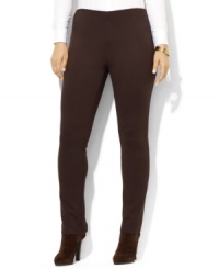 A slim, fitted leg creates a modern look on Lauren Ralph Lauren's flattering plus size Mani pant in sleek stretch jersey. A slim, fitted leg creates a modern look on Lauren Ralph Lauren's flattering plus size Mani pant in sleek stretch jersey.