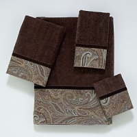 Luxurious velour decorative towel is embellished with a woven classic paisley border design in browns and blues. The border is finished off with a coordinating brown velvet ribbon. Luxurious velour decorative towel is embellished with a woven classic paisley border design in browns and blues. The border is finished off with a coordinating brown velvet ribbon.