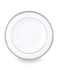 Metropolitan sensibility and modern design combine in this understated white bone china pasta/rim soup bowl from Lenox's collection of dinnerware and dishes. Platinum gild along the edge is enhanced by a clean, platinum geometric pattern reminiscent of architectural accents.