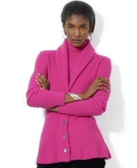 Lauren Ralph Lauren's soft knit cardigan is crafted with a heritage shawl collar and elegant peplum hem for feminine style. Lauren Ralph Lauren's soft knit cardigan is crafted with a heritage shawl collar and elegant peplum hem for feminine style.