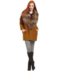 An oversized faux-fur collar adds luxe to this Bar III coat for a truly chic cold-weather look! An oversized faux-fur collar adds luxe to this Bar III coat for a truly chic cold-weather look!