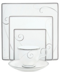 Fluid platinum scrolls glide freely through this stunning and, in a new square shape, sleek Platinum Wave place setting from Noritake. A timeless look in dishwasher-safe porcelain. Coordinates with Platinum Wave stemware. Fluid platinum scrolls glide freely through this stunning and, in a new square shape, sleek Platinum Wave place setting from Noritake. A timeless look in dishwasher-safe porcelain. Coordinates with Platinum Wave stemware.