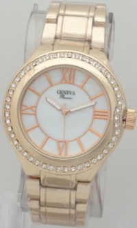 Geneva Quartz Chronograph-style Look White Dial Rhinestone on Bezel Rose Gold Metal Band