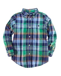 A signature button-down design is rendered in lightweight cotton plaid for a classic must-have. A signature button-down design is rendered in lightweight cotton plaid for a classic must-have.
