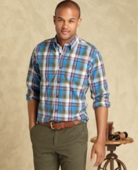 Change your style pattern with this preppy summer plaid shirt from Tommy Hilfiger. Change your style pattern with this preppy summer plaid shirt from Tommy Hilfiger.