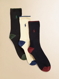 Three-pack of ribbed dress socks with contrast color tipping at cuff, pony, heel and toe. Each 3-pack includes black with green, white with blue, navy with red.Dress-style to wear with slacks85% cotton,14% polyester/1% spandexMachine washImported Three-pack of ribbed dress socks with contrast color tipping at cuff, pony, heel and toe. Each 3-pack includes black with green, white with blue, navy with red.Dress-style to wear with slacks85% cotton,14% polyester/1% spandexMachine washImported