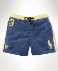 A classic swim trunk is crafted from quick-drying brushed cotton-nylon with sporty detailing and Ralph Lauren's Big Pony for an iconic finish. A classic swim trunk is crafted from quick-drying brushed cotton-nylon with sporty detailing and Ralph Lauren's Big Pony for an iconic finish.
