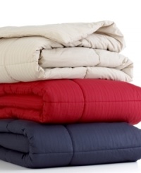 Cozy up in this Colored comforter from Home Design, featuring a 230-thread count polyester cover with a tonal stripe design and plush hypoallergenic fill for easy resting. Choose from a trio of classic hues. Cozy up in this Colored comforter from Home Design, featuring a 230-thread count polyester cover with a tonal stripe design and plush hypoallergenic fill for easy resting. Choose from a trio of classic hues.