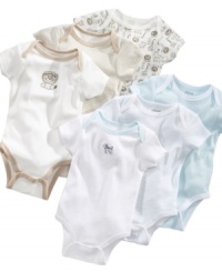 Easy in, easy out. This three pack of bodysuits from Little Me make it easy to get him ready and out the door for the day. Easy in, easy out. This three pack of bodysuits from Little Me make it easy to get him ready and out the door for the day.