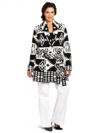 Jones New York Women's Plus-Size Long Sleeve Shawl Collar Belted Cardigan, Black/Ivory, 3X