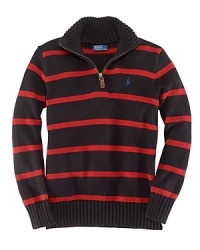 Wide, classic stripes in a soft, chunky cotton knit are boldly showcased in our timeless half-zip design. Wide, classic stripes in a soft, chunky cotton knit are boldly showcased in our timeless half-zip design.