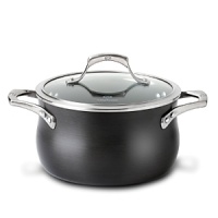 This Calphalon soup pot with lid boasts the revolutionary Unison Slide Nonstick surface which releases foods effortlessly, making even the most demanding culinary creations simple to prepare. A heavy-gauge bottom provides even heating and prevents sauces from scorching, while the high sides and narrow opening control evaporation. Handles stay comfortably cool on the stovetop.