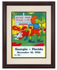 Florida football was very much alive and well in 1956, when the Gators sent the Georgia Bulldogs packing with a final score of 28-0. An inspiration for every game, the original cover art from that day's program is restored, framed and ready to hang. Florida football was very much alive and well in 1956, when the Gators sent the Georgia Bulldogs packing with a final score of 28-0. An inspiration for every game, the original cover art from that day's program is restored, framed and ready to hang.