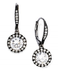 The definition of elegance. This pair of lever-back drop earrings from Eliot Danori is crafted from hematite-tone brass with a black stone and cubic zirconia accents (2 ct. t.w.) providing luster. Approximate drop: 1/2 inch. The definition of elegance. This pair of lever-back drop earrings from Eliot Danori is crafted from hematite-tone brass with a black stone and cubic zirconia accents (2 ct. t.w.) providing luster. Approximate drop: 1/2 inch.