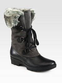 Extra soft rabbit fur tops this suede and leather boot, with contrasting laces and a durable rubber sole. Rubber heel, 1½ (40mm)Rubber platform, ¾ (20mm)Compares to a ¾ heel (20mm)Shaft, 9Leg circumference, 12Weatherproof suede and leather upper with faux fur trimFaux fur lining with removable sockSlip resistant rubber trek solePadded insoleMade in Italy Extra soft rabbit fur tops this suede and leather boot, with contrasting laces and a durable rubber sole. Rubber heel, 1½ (40mm)Rubber platform, ¾ (20mm)Compares to a ¾ heel (20mm)Shaft, 9Leg circumference, 12Weatherproof suede and leather upper with faux fur trimFaux fur lining with removable sockSlip resistant rubber trek solePadded insoleMade in Italy
