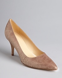 In metallic-flecked, python-embossed leather, kate spade new york's mid-heeled pair offers a classic workday look in a timeless, blushy hue. In metallic-flecked, python-embossed leather, kate spade new york's mid-heeled pair offers a classic workday look in a timeless, blushy hue.