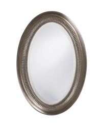 Relish in the timeless grace of Howard Elliot's Ethan mirror. An oval design with decorative fluting and a beaded inner edge adds new polish to the master bedroom or dining area. With a brushed nickel finish. Relish in the timeless grace of Howard Elliot's Ethan mirror. An oval design with decorative fluting and a beaded inner edge adds new polish to the master bedroom or dining area. With a brushed nickel finish.
