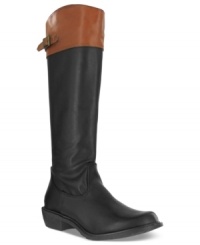 Classic two-toned beauty. Mia's Theodora riding boots feature buckles at the back knee and a modest heel. Classic two-toned beauty. Mia's Theodora riding boots feature buckles at the back knee and a modest heel.