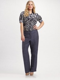 Featherweight linen with modern denim finish, tailored in a figure-flattering straight-leg silhouette.Mid-rise waistband Welt pockets Zip-fly Pleated legs Inseam, about 33 80% linen/20% cupro Dry clean Imported Featherweight linen with modern denim finish, tailored in a figure-flattering straight-leg silhouette.Mid-rise waistband Welt pockets Zip-fly Pleated legs Inseam, about 33 80% linen/20% cupro Dry clean Imported