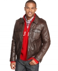 Easy rider. Get your classic American style on with the vintage cow leather motorcycle jacket from Tommy Hilfiger. Easy rider. Get your classic American style on with the vintage cow leather motorcycle jacket from Tommy Hilfiger.
