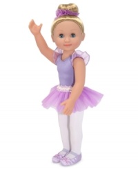 In her lovely lavender leotard and sparkly tutu, Alexa is ready to star in your little dancer's next ballet production! Her eyes open and close, her blonde hair can be styled and her arms and legs can be posed. In her lovely lavender leotard and sparkly tutu, Alexa is ready to star in your little dancer's next ballet production! Her eyes open and close, her blonde hair can be styled and her arms and legs can be posed.