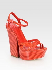 Raised by a thick, stacked heel and platform, snake-print leather straps are secured by an adjustable slingback. Stacked heel, 5½ (140mm)Covered platform, 1½ (40mm)Compares to a 4 heel (100mm)Snake-print leather upperLeather lining and solePadded insoleImportedOUR FIT MODEL RECOMMENDS ordering one half size up as this style runs small. Raised by a thick, stacked heel and platform, snake-print leather straps are secured by an adjustable slingback. Stacked heel, 5½ (140mm)Covered platform, 1½ (40mm)Compares to a 4 heel (100mm)Snake-print leather upperLeather lining and solePadded insoleImportedOUR FIT MODEL RECOMMENDS ordering one half size up as this style runs small.