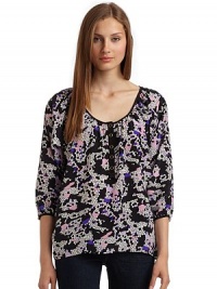 THE LOOKAbstract print, alloverThree-quarter length sleevesBanded cuffs with button closureButton placketTHE FITAbout 24 from shoulder to hemTHE MATERIALSilkCARE & ORIGINDry cleanImportedModel shown is 5'10 (177cm) wearing US size Small. THE LOOKAbstract print, alloverThree-quarter length sleevesBanded cuffs with button closureButton placketTHE FITAbout 24 from shoulder to hemTHE MATERIALSilkCARE & ORIGINDry cleanImportedModel shown is 5'10 (177cm) wearing US size Small.