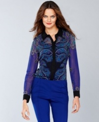 A swirling, whirling print and subtly sheer fabric takes INC's classic button-front shirt to the next level of chic! A swirling, whirling print and subtly sheer fabric takes INC's classic button-front shirt to the next level of chic!