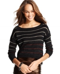 Gleaming metallic stripes bring festive spirit to NYC Knitwear's super-cute high-low sweater. Gleaming metallic stripes bring festive spirit to NYC Knitwear's super-cute high-low sweater.