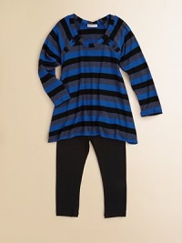 This charming pair features a playful tunic with a pretty pleated collar and matching striped leggings. Tunic Split collarLong sleevesCurved hem Leggings Elasticized waistbandPull-on style96% rayon/4% spandexMachine washImported This charming pair features a playful tunic with a pretty pleated collar and matching striped leggings. Tunic Split collarLong sleevesCurved hem Leggings Elasticized waistbandPull-on style96% rayon/4% spandexMachine washImported