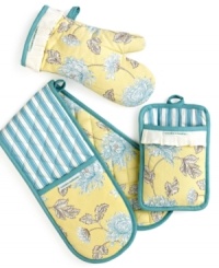 Keep the cook happy and kitchen bright with Laura Ashley's Berkely Sunshine apron and towel set, featuring classic florals, ticking stripes and feminine frills in cheery cotton twill with velour detail.