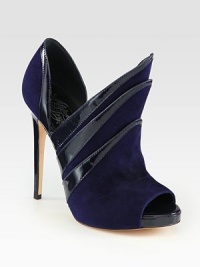 Crafted by artisans of layered suede with patent leather trim, this peep toe ankle boot is unapologetically bold. Patent leather-covered heel, 5 (125mm)Hidden platform, ¾ (20mm)Compares to a 4¼ heel (110mm)Suede upper with patent leather trimPeep toeLeather lining and solePadded insoleImported Crafted by artisans of layered suede with patent leather trim, this peep toe ankle boot is unapologetically bold. Patent leather-covered heel, 5 (125mm)Hidden platform, ¾ (20mm)Compares to a 4¼ heel (110mm)Suede upper with patent leather trimPeep toeLeather lining and solePadded insoleImported