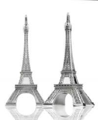 Recreate all the romance of your favorite French bistro with Eiffel Tower salt and pepper shakers, crafted of radiant nickel plate by Godinger. Recreate all the romance of your favorite French bistro with Eiffel Tower salt and pepper shakers, crafted of radiant nickel plate by Godinger.