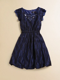 Crafted in a striking bubble silhouette, this enchanting, party-perfect charmeuse frock features stone embellishments and a classy lace overlay.ScoopneckShort sleevesConcealed back zipperSynched elastic waistbandBubble hemFully linedPolyester/nylon/rayon/spandexHand washImported Crafted in a striking bubble silhouette, this enchanting, party-perfect charmeuse frock features stone embellishments and a classy lace overlay.ScoopneckShort sleevesConcealed back zipperSynched elastic waistbandBubble hemFully linedPolyester/nylon/rayon/spandexHand washImported
