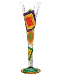 Drink to yet another year of fun with the Happy Anniversary champagne flute. A colorful memento of your love, this hand-painted Lolita glass ensures an explosion of cheer with every toast. Celebrate with the cocktail recipe on its base. (Clearance) Drink to yet another year of fun with the Happy Anniversary champagne flute. A colorful memento of your love, this hand-painted Lolita glass ensures an explosion of cheer with every toast. Celebrate with the cocktail recipe on its base. (Clearance)