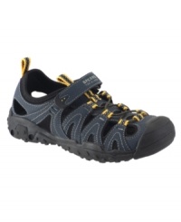 There is no terrain too rugged for this well-equipped sandal. A leather and neoprene upper and rubber toe guard protect feet from the elements, multi-direction lugs provide stability on rocky surfaces and a lightweight midsole with screened water drain openings keep feet dry and comfortable. There is no terrain too rugged for this well-equipped sandal. A leather and neoprene upper and rubber toe guard protect feet from the elements, multi-direction lugs provide stability on rocky surfaces and a lightweight midsole with screened water drain openings keep feet dry and comfortable.