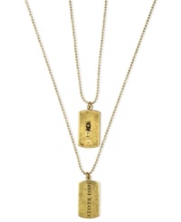 Peace and Love. This double-drop pendant necklace from RACHEL Rachel Roy features two dog-tag inspired charms with Choose Love and Peace engravings. Finished with subtle glass accents. Crafted in worn gold tone mixed metal. Approximate length: 21-1/2 inches. Approximate drop: 1-1/4 inches. Peace and Love. This double-drop pendant necklace from RACHEL Rachel Roy features two dog-tag inspired charms with Choose Love and Peace engravings. Finished with subtle glass accents. Crafted in worn gold tone mixed metal. Approximate length: 21-1/2 inches. Approximate drop: 1-1/4 inches.