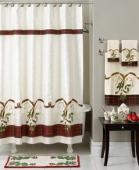 This shower curtain lends festive charm to the bath. A cheerful holly and plaid ribbon motif dances along an off-white ground. This shower curtain lends festive charm to the bath. A cheerful holly and plaid ribbon motif dances along an off-white ground.