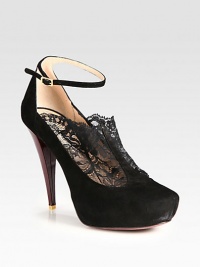 A trend-forward ankle strap tops this distinct suede pump, with romantic floral lace and a luminous patent heel. Patent leather-covered heel, 4¾ (120mm)Hidden platform, 1 (25mm)Compares to a 3¾ heel (95mm)Suede and stretch lace upperAdjustable ankle strapLeather lining and solePadded insoleMade in Italy A trend-forward ankle strap tops this distinct suede pump, with romantic floral lace and a luminous patent heel. Patent leather-covered heel, 4¾ (120mm)Hidden platform, 1 (25mm)Compares to a 3¾ heel (95mm)Suede and stretch lace upperAdjustable ankle strapLeather lining and solePadded insoleMade in Italy