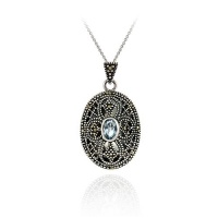 Sterling Silver Filigree Marcasite & Genuine Blue Topaz Cross Locket Sterling Silver Filigree Marcasite & Genuine Blue Topaz Cross Locket