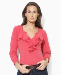 Smocked detailing and soft ruffles lend a bohemian quality to a three-quarter-sleeved cotton tee in super-soft tissue cotton from Lauren by Ralph Lauren. Smocked detailing and soft ruffles lend a bohemian quality to a three-quarter-sleeved cotton tee in super-soft tissue cotton from Lauren by Ralph Lauren.