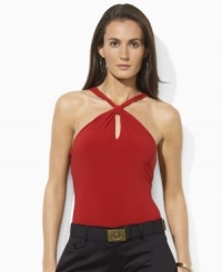 Lauren by Ralph Lauren's chic and timeless halter silhouette is flawlessly updated in slinky stretch jersey with a knot detail at the front for a distinctive flourish. Lauren by Ralph Lauren's chic and timeless halter silhouette is flawlessly updated in slinky stretch jersey with a knot detail at the front for a distinctive flourish.