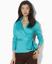 Lauren by Ralph Lauren's feminine wrap blouse is crafted in luxurious cotton sateen for a modern, sophisticated look. Lauren by Ralph Lauren's feminine wrap blouse is crafted in luxurious cotton sateen for a modern, sophisticated look.