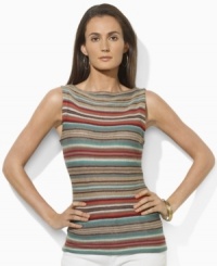 Lauren by Ralph Lauren's lightweight knit linen shirt is crafted with a vibrant striped pattern and a chic bateau neckline. Lauren by Ralph Lauren's lightweight knit linen shirt is crafted with a vibrant striped pattern and a chic bateau neckline.