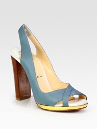 Crafted from the finest Italian leather, this colorblock design has metallic leather trim and a stretchy slingback. Stacked heel, 4 (100mm)Covered platform, ½ (15mm)Compares to a 3½ heel (90mm)Leather and metallic leather upperLeather liningSignature red leather solePadded insoleMade in ItalyOUR FIT MODEL RECOMMENDS ordering one size up as this style runs small. Crafted from the finest Italian leather, this colorblock design has metallic leather trim and a stretchy slingback. Stacked heel, 4 (100mm)Covered platform, ½ (15mm)Compares to a 3½ heel (90mm)Leather and metallic leather upperLeather liningSignature red leather solePadded insoleMade in ItalyOUR FIT MODEL RECOMMENDS ordering one size up as this style runs small.